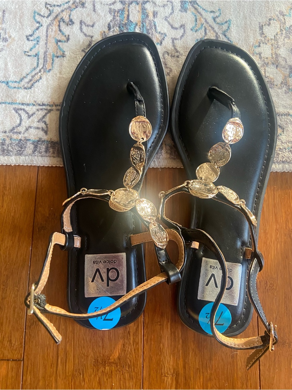 Dolce Vita Black Sandals with Gold Coin Detail